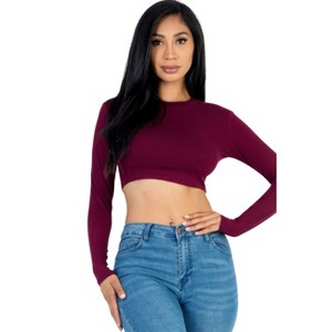 Slickblue Women's Long Sleeve Cropped Top, Crew Neck, Stretch Jersey, Casual Fit, Multiple Color Options, Size S-L - 1 of 4