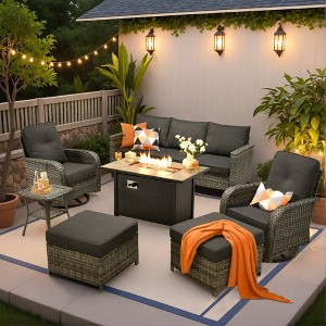XIZZI Outdoor Rattan Sectional Sofa Set, Modular Patio Lounge Set w/ Swivel Chairs, Side Table & Optional 3-Seat Sofa/Ottomans/Firepit/Coffee Table - 1 of 4