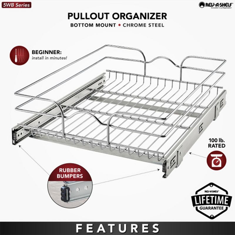 Rev-A-Shelf 5WB1-0918 Single Wire Basket Pull Out Shelf Storage Organizer for Kitchen Base Cabinets, Silver, 3 of 7