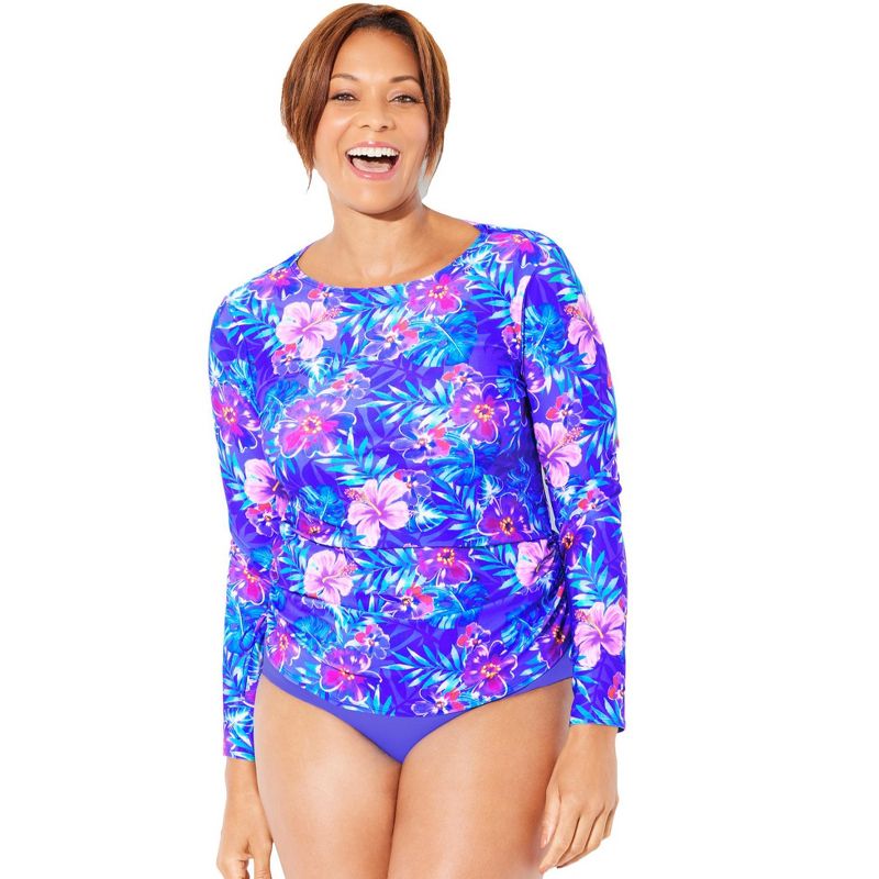 Swimsuits for All Women's Plus Size Chlorine Resistant Side-Tie Adjustable Long Sleeve Swim Tee, 1 of 2