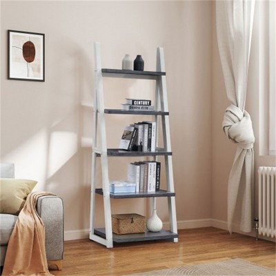 YONWAY 5-Tier Shelves, Bookshelf, Storage Rack, Bookcase with Rubber Wood Frame, Ladder Shelf for Living Room, Home Office, Kitchen