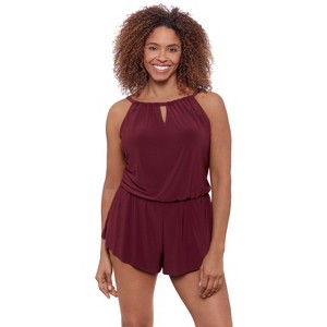 Aqua Green, Women's Keyhole Blouson Romper - 1 of 3