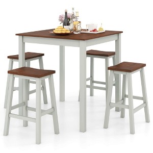 Tangkula 5PCS Dining Table Set w/ 4 Saddle Stools Acacia Wood Legs Modern Furniture Set - 1 of 4