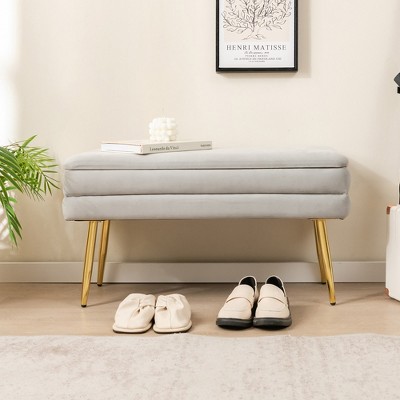 Grey Velvet Upholstered Storage Bench with Gold Metal Legs