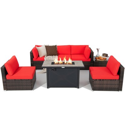 Tangkula 7PCS Patio Rattan Furniture Set Fire Pit Table Cover Cushion