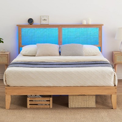 Full Size Bed Frame with Natural Rattan Headboard & Integrated LED Lights