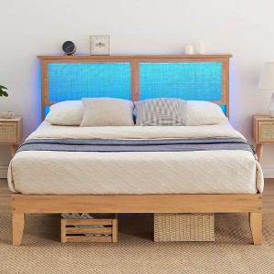 Full Size Bed Frame with Natural Rattan Headboard & Integrated LED Lights - 1 of 4