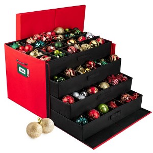 Hold N' Storage - Christmas Ornament Storage Container Box with Dividers - Stores up to 72-3" Ornaments with 3 Removable Trays with Separators - Red - 1 of 4