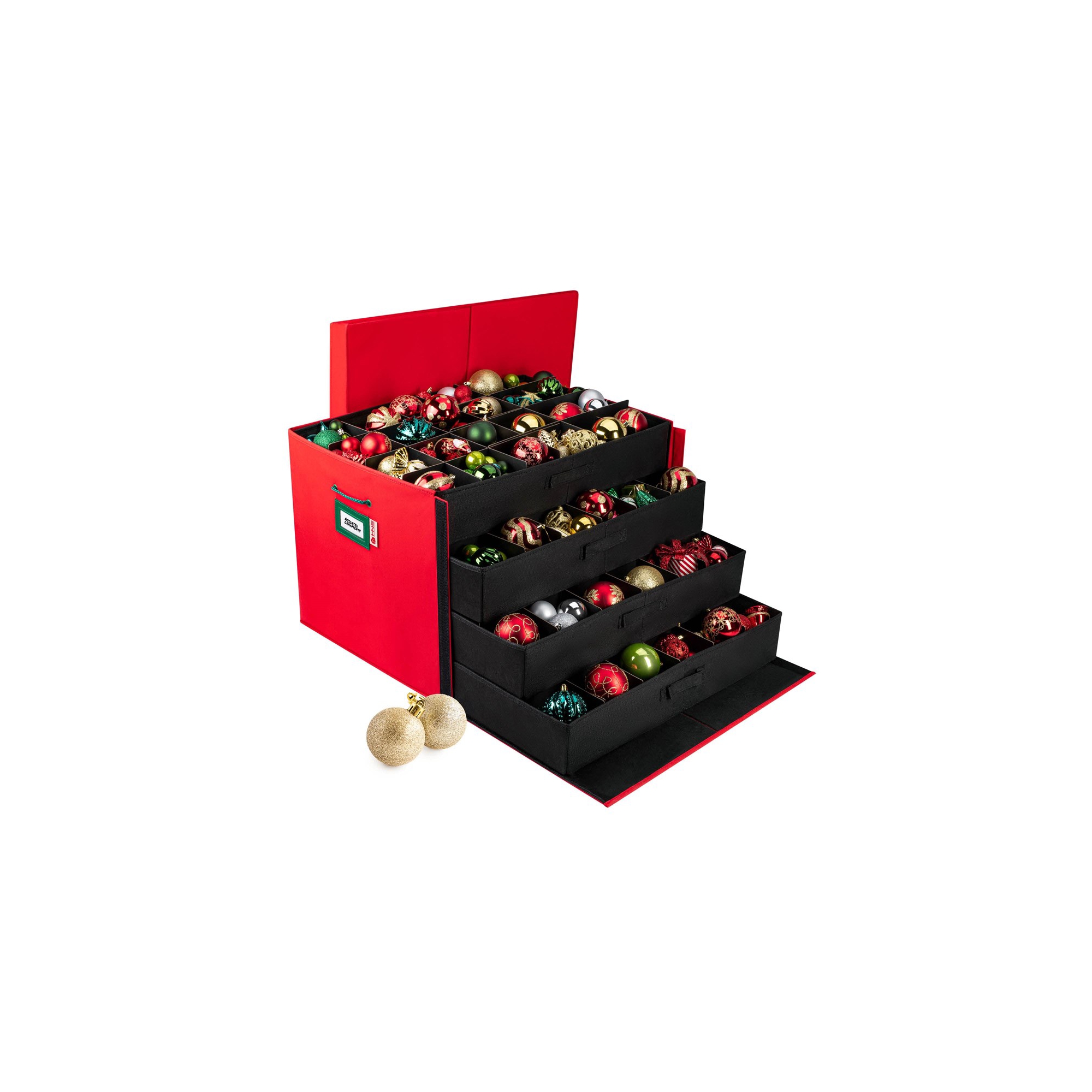 Hold N' Storage - Christmas Ornament Storage Container Box with Dividers - Stores up to 96-3" Ornaments with 4 Removable Trays with Separators - Red