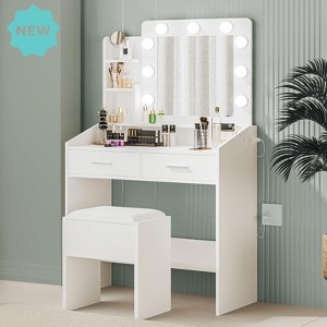 Jojoka Makeup Vanity Desk with Mirror and LED Lights, 9 Bulbs, Power Outlet, 2 Drawers, Shelves, Cushioned Stool, 3 Lighting Modes - 1 of 4