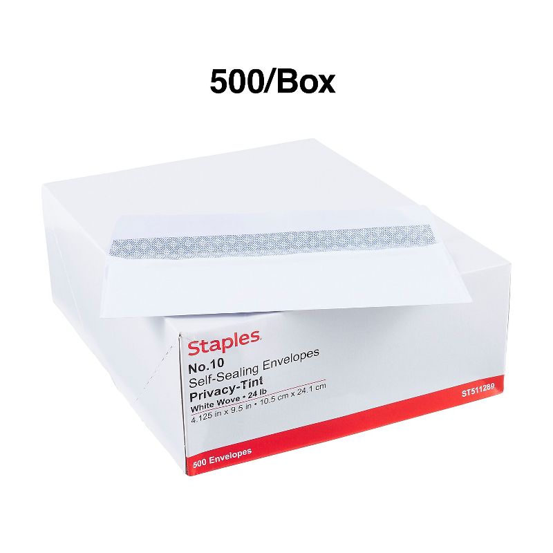 Staples Self-Sealing Security-Tint #10 Envelopes 4-1/8" x 9-1/2" Wht 500/BX 511289/99296, 4 of 5