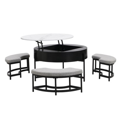 Vynxaria Coffee Tables: Modern Round Lift-Top Table with Storage & Ottomans