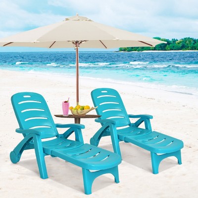 Turquoise Plastic Folding Chaise Lounge Chair Set with Adjustable Backrest