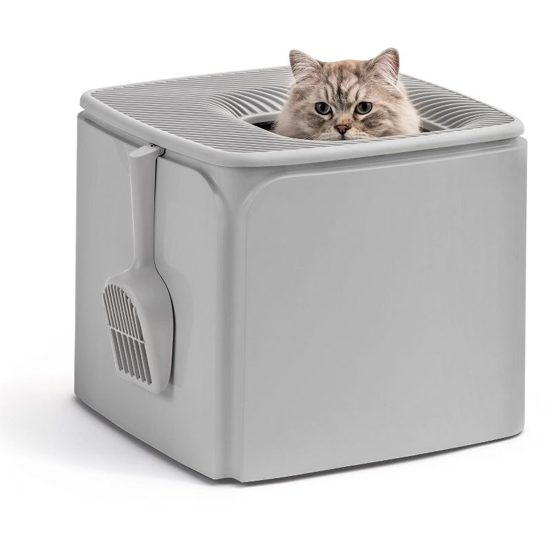 IRIS USA Top Entry Cat Litter Box Litter Particle Catching Cover and Privacy Walls with Scoop, Cat Pan, 1 of 11