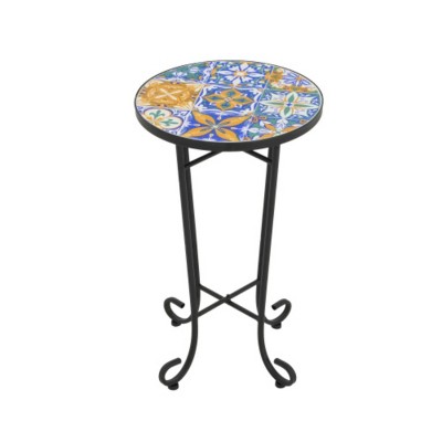 Syemin End Tables Patio Side Table with Shelf, Outdoor Round End Table with Weather Resistant Ceramic Tile Tabletop, Black, 14"*14"*23.25"