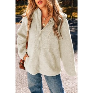 Pale Khaki Fleece Zip Up Drawstring Hooded Pocketed Jacket - 1 of 1