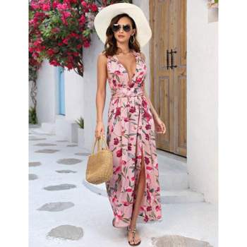 WhizMax Women's 2024 Summer Deep V Neck Floral Dress Backless Sleeveless Dress Flowy Boho Maxi Dresses with Belted for Party Evening