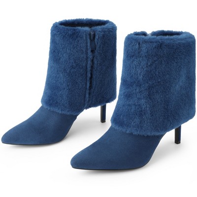 BLISSFUL STEP Women's Faux Fur Stiletto Heel Pointed Toe Ankle Boots