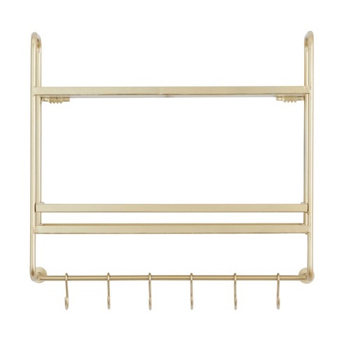 Set of Two Gold Finish Shelves with Hooks