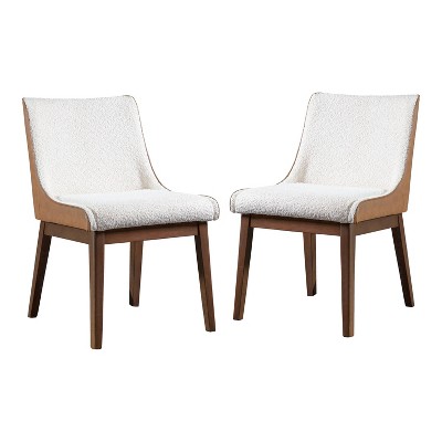 HOMES: Inside + Out Set of 2 Forest Wisp Mid-Century Boucle Dining Chairs with Leatherette Accents Walnut