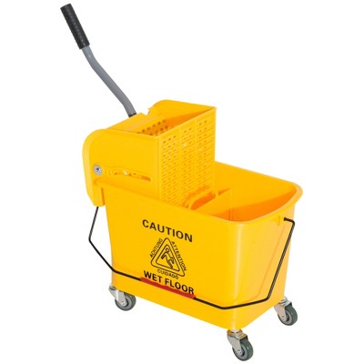 HOMCOM 34 Qt. Capacity Yellow Mop Bucket with Side Press Wringer Cart on Wheels with Metal Handle