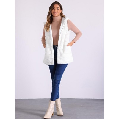 INSPIRE CHIC Women's Faux Fur Sleeveless Zip Up Hooded Waistcoat Outerwear White X-Large — фото 3