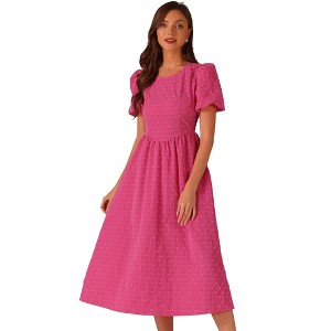 Allegra K Women's Round Neck Fit and Flare Summer Puff Sleeve Midi Dress - 1 of 4