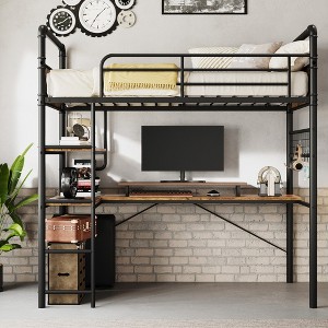 Loft Bed Twin Size with L-Shaped Desk, Twin Metal Loft Bed with Storage Shelves & Safety Guardrail & Ladder, No Box Spring Needed - 1 of 4