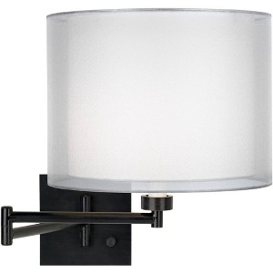 Franklin Iron Works Modern Swing Arm Wall Lamp Espresso Plug-In Light Fixture Double Sheer Silver White Drum Shade Bedroom Bedside - 1 of 4