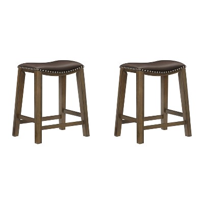 Homelegance 24" Counter Height Wooden Stool Saddle Seat Barstool, Brown (2 Pack)