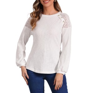 INSPIRE CHIC Women's Lace Trim Crew Neck Button Decor Long Sleeve Knit Sweater Top - 1 of 4