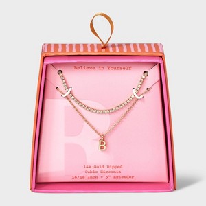 14K Gold Dipped Cubic Zirconia Initial Necklace Set 2pc - A New Day™ Gold - 1 of 3