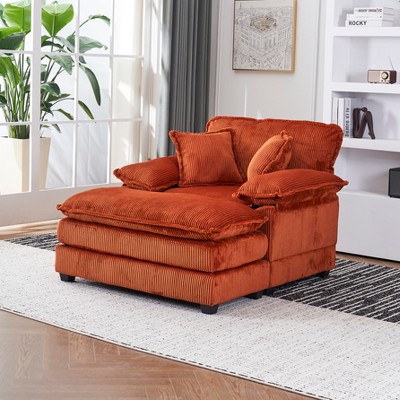 Corduroy Chaise Lounge Single Sofa With 2 Toss Pillows and a Ottoman Upholstered Accent Chairs, White/Orange/Green/Gray/Black-ModernLuxe