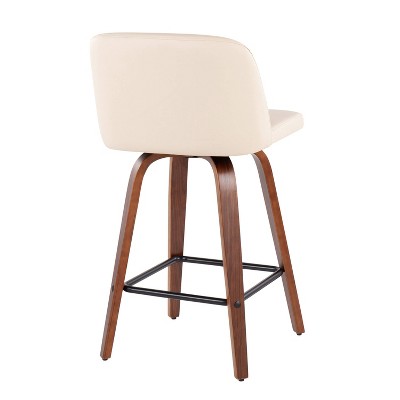 Set of 2 Walnut Wood and Beige Swivel Counter Stools