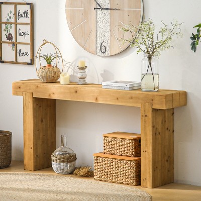 63" Solid Wood Console Table,Rustic Farmhouse Narrow Rectangular Entryway Table for Hallway or Behind Couch-Baofuwish