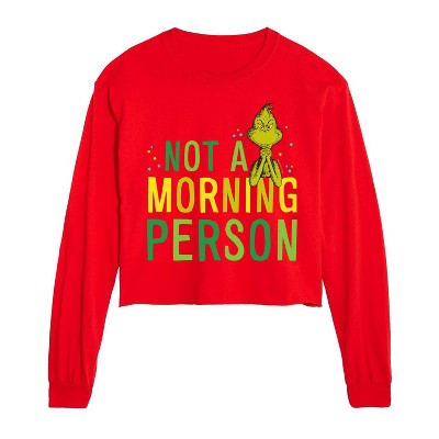 Dr. Seuss The Grinch Christmas Not A Morning Person Cropped Long Sleeve T-Shirt - Red - 2 X-Large