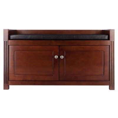 Walnut and Espresso Faux Leather Storage Hall Bench with Cushion