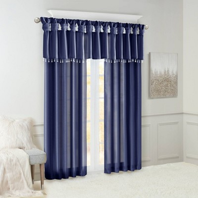 Navy Faux Silk Tab Top Valance with Beads