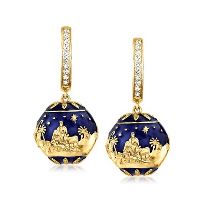 Ross-Simons 0.30 ct. t.w. White Topaz and Blue Enamel Nativity Hoop Drop Earrings in 18kt Gold Over Sterling