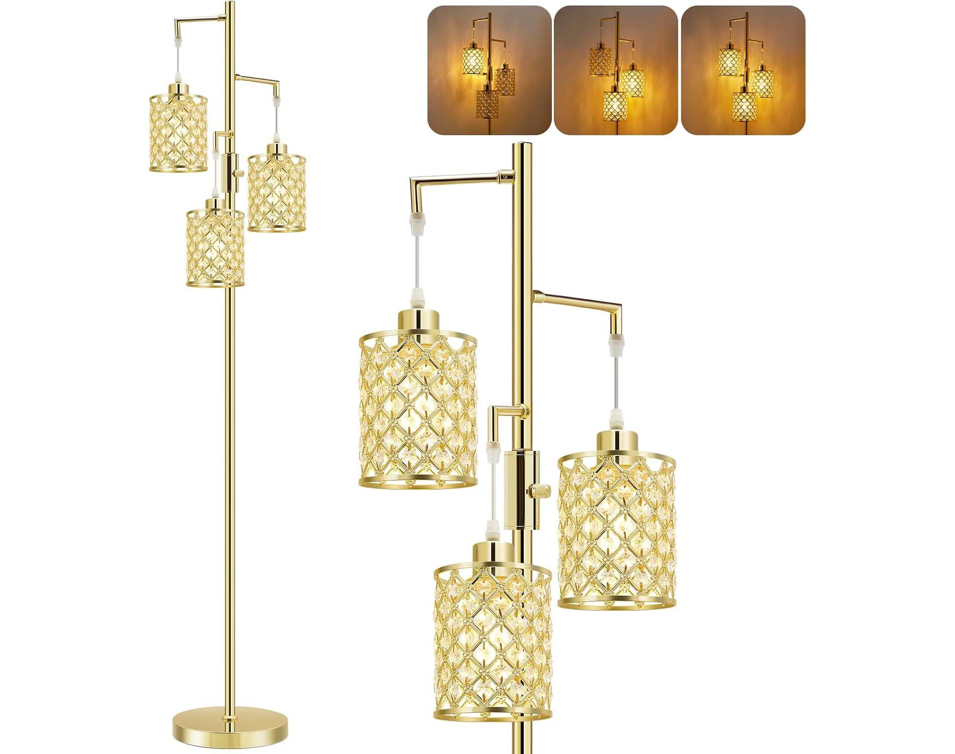 GTCLIGHTING Morden Gold Crystal Floor Lamps for Living Room, 3-Light Standing Tall Lamp with K9 Crystal Shade & Rotary Switch, Corner Lamp for Bedroom