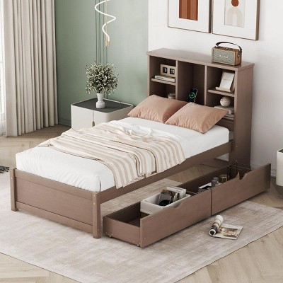Streamdale Twin Bed Frame with USB Port Headboard and Drawers (Walnut)
