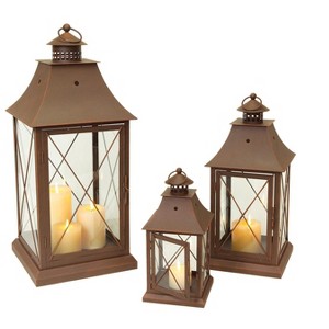 Classic Brown Metal Lanterns – 24" Tall – Glass and Metal Set of 3 By Melrose - 1 of 3