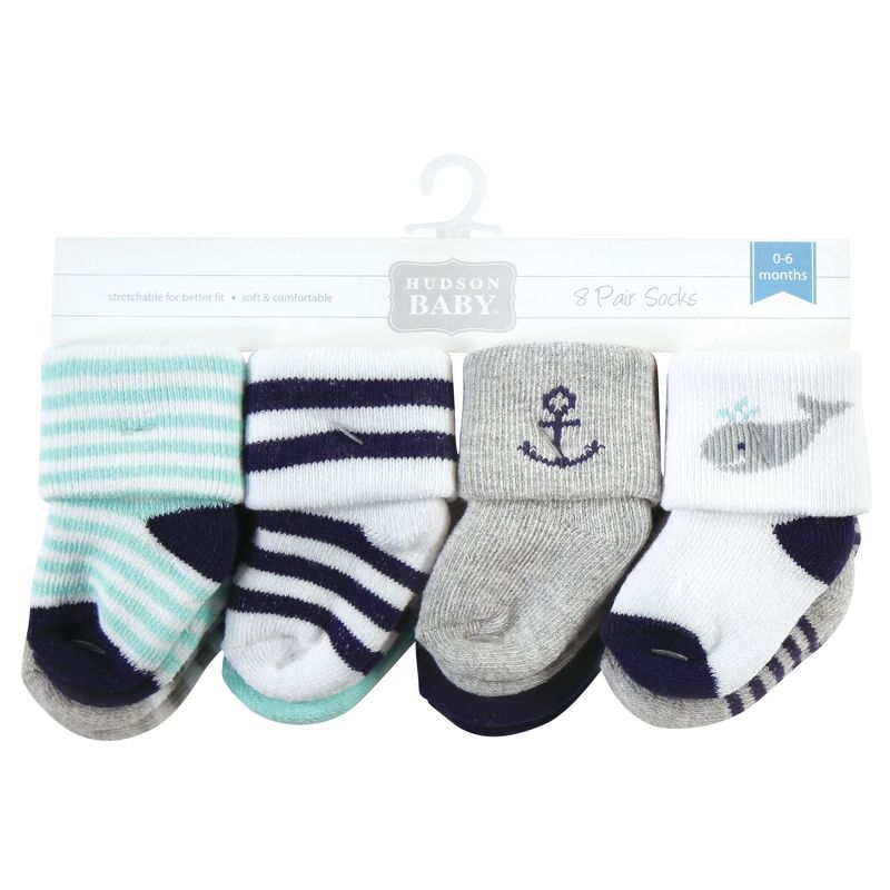 Hudson Baby Infant Boy Cotton Rich Newborn and Terry Socks, Mint Whale, 2 of 7