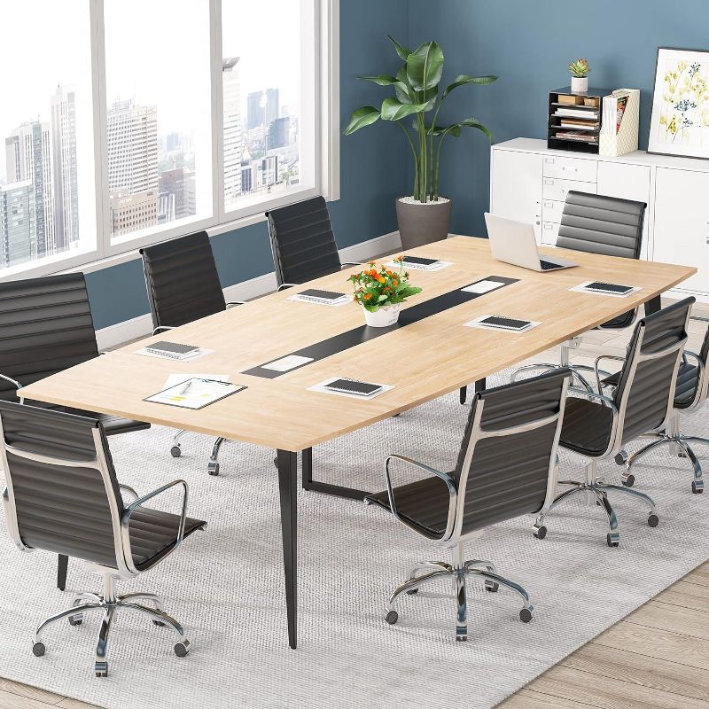 Tribesigns 8FT Conference Table, Boat Shaped Meeting Table with Rectangle Grommet, Modern Seminar Boardroom Table for Office, 2 of 9