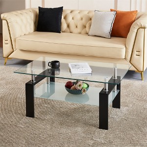 Modern 2-Tier Glass Coffee Table, Rectangular Tempered Glass Side Table with Lower Shelf for Living Room - 1 of 4