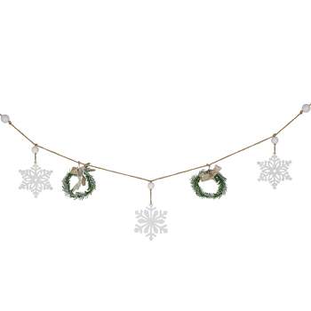 Northlight 4.75" Snowflake and Frosted Pine Christmas Garland with Wooden Beads - Unlit