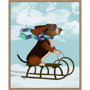 Amanti Art 23"x28" Basset Hound Sledging by Fab Funky Framed Canvas Wall Art Print - 1 of 4
