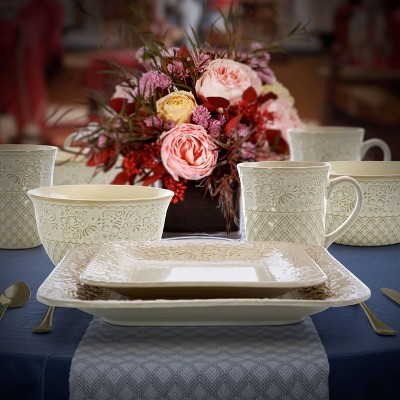 Ivory Floral Ceramic Square Dinnerware Set, Service for 4