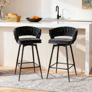 2-Pack Rotating Bar Stools with Cotton-Linen Seat, Black Metal Frame ...