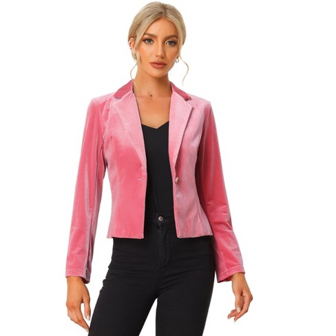 Unique Bargains Women's Button Front Velvet Blazer Lapel Office Crop Suit  Jacket 